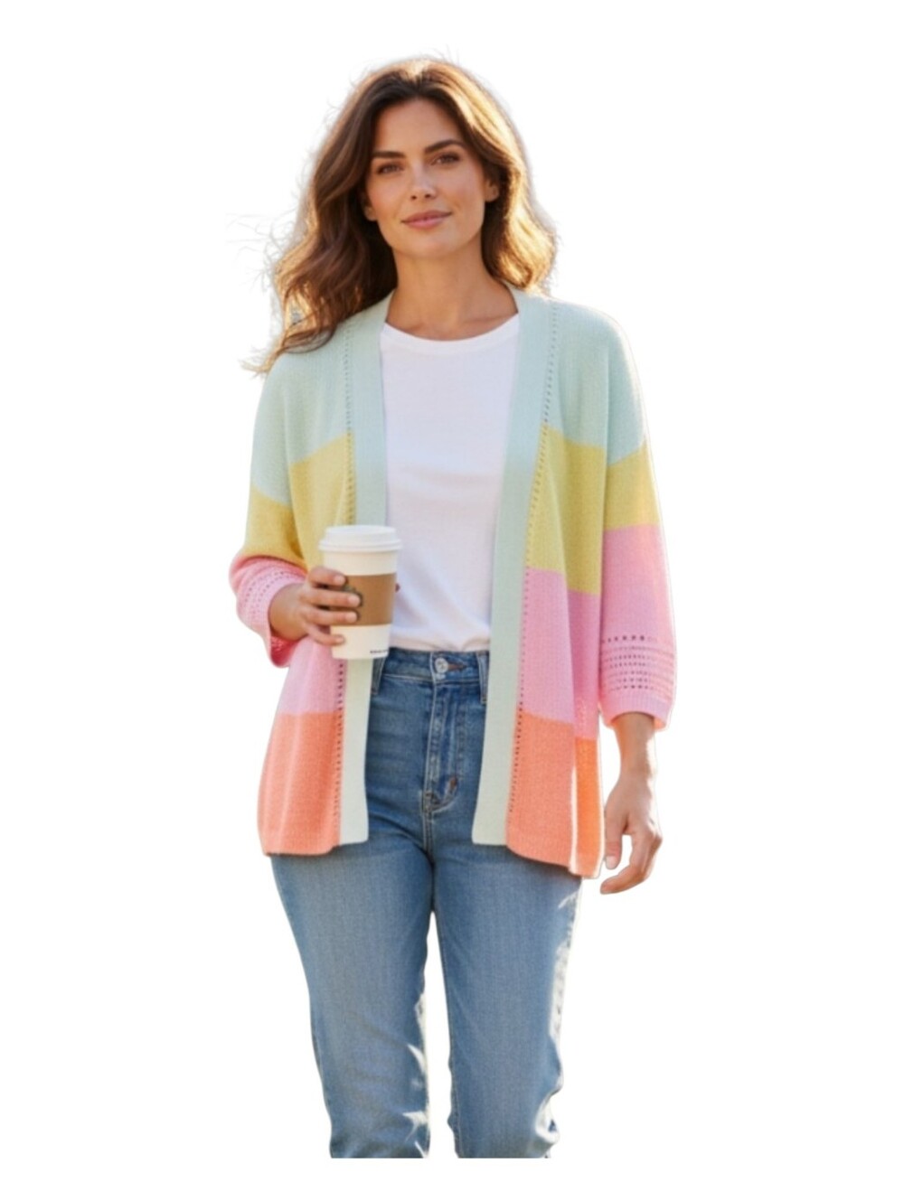 Lands End Womens Rainbow Striped Cotton Linen Open Front Knit Cardigan Medium